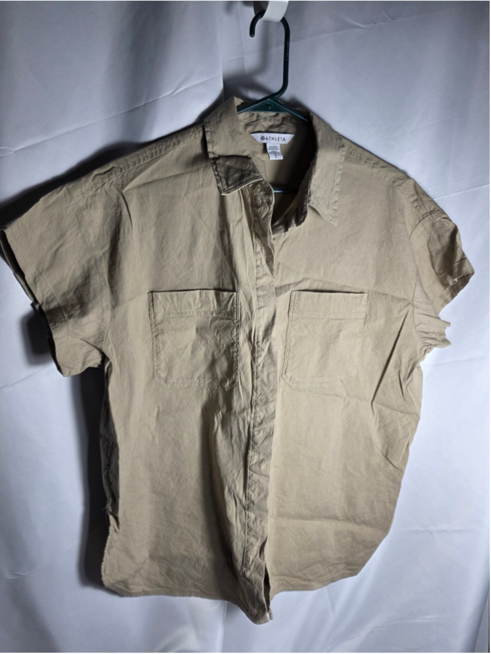 Women's Athleta Button Down Shirt Size S Beige Short Sleeve Top casual workwear